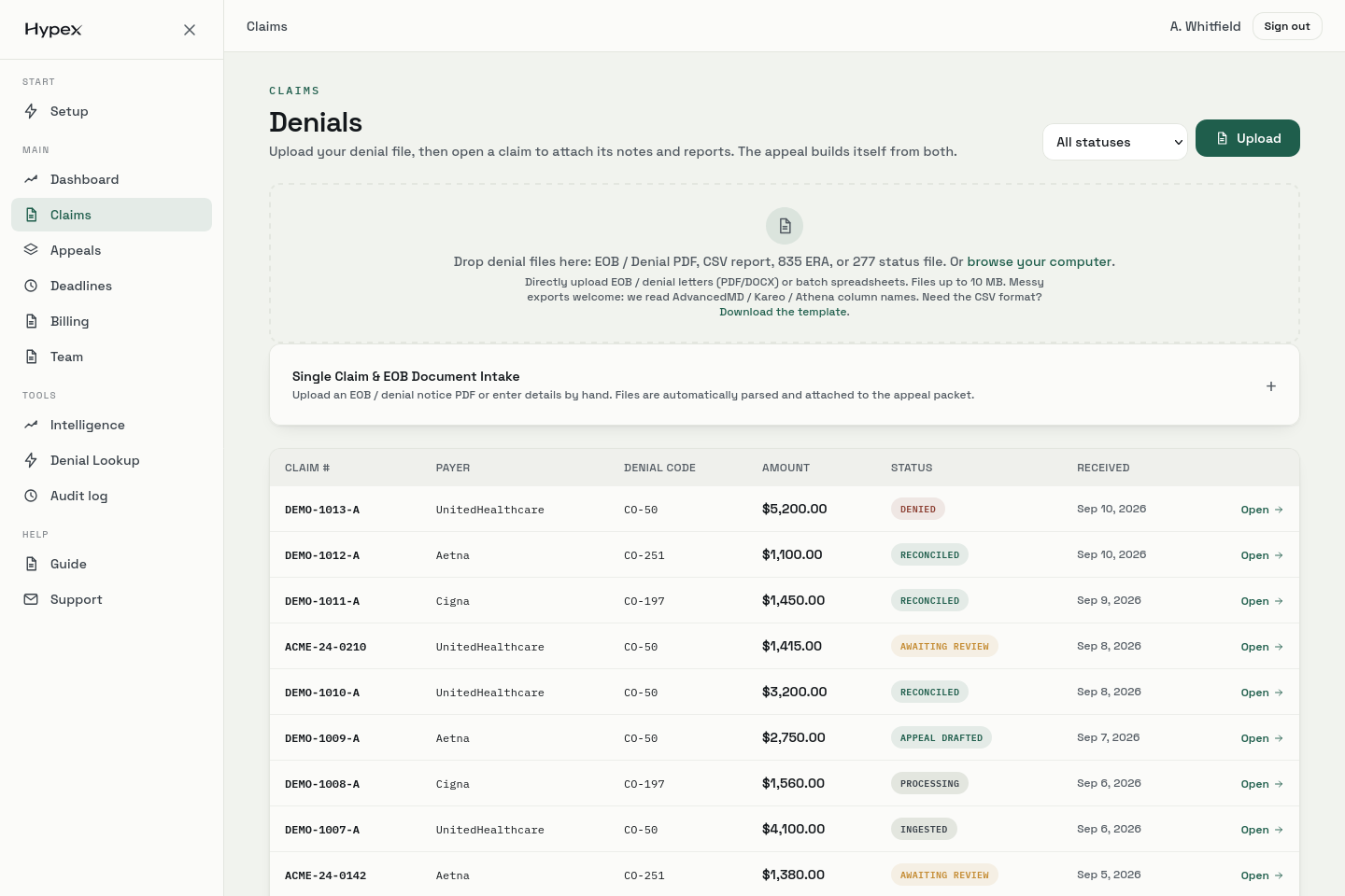 Hypex console claims feed showing denial codes, payer, amount, and status chips